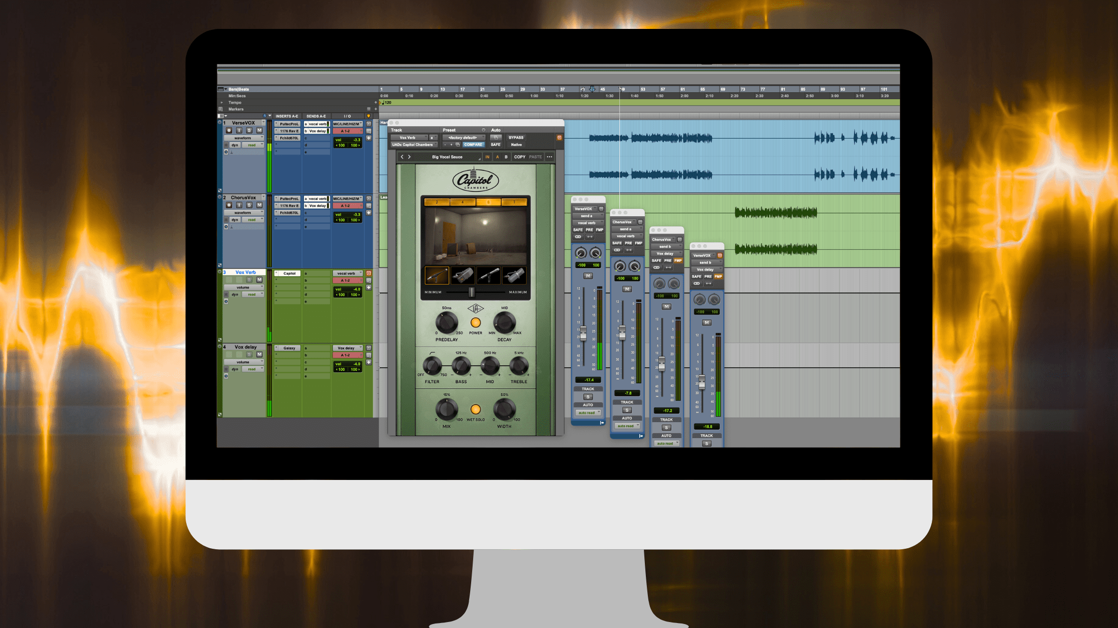 Pro Tools routing diagram showing I/O setup, buses, Aux tracks, and sends for recording and mixing.